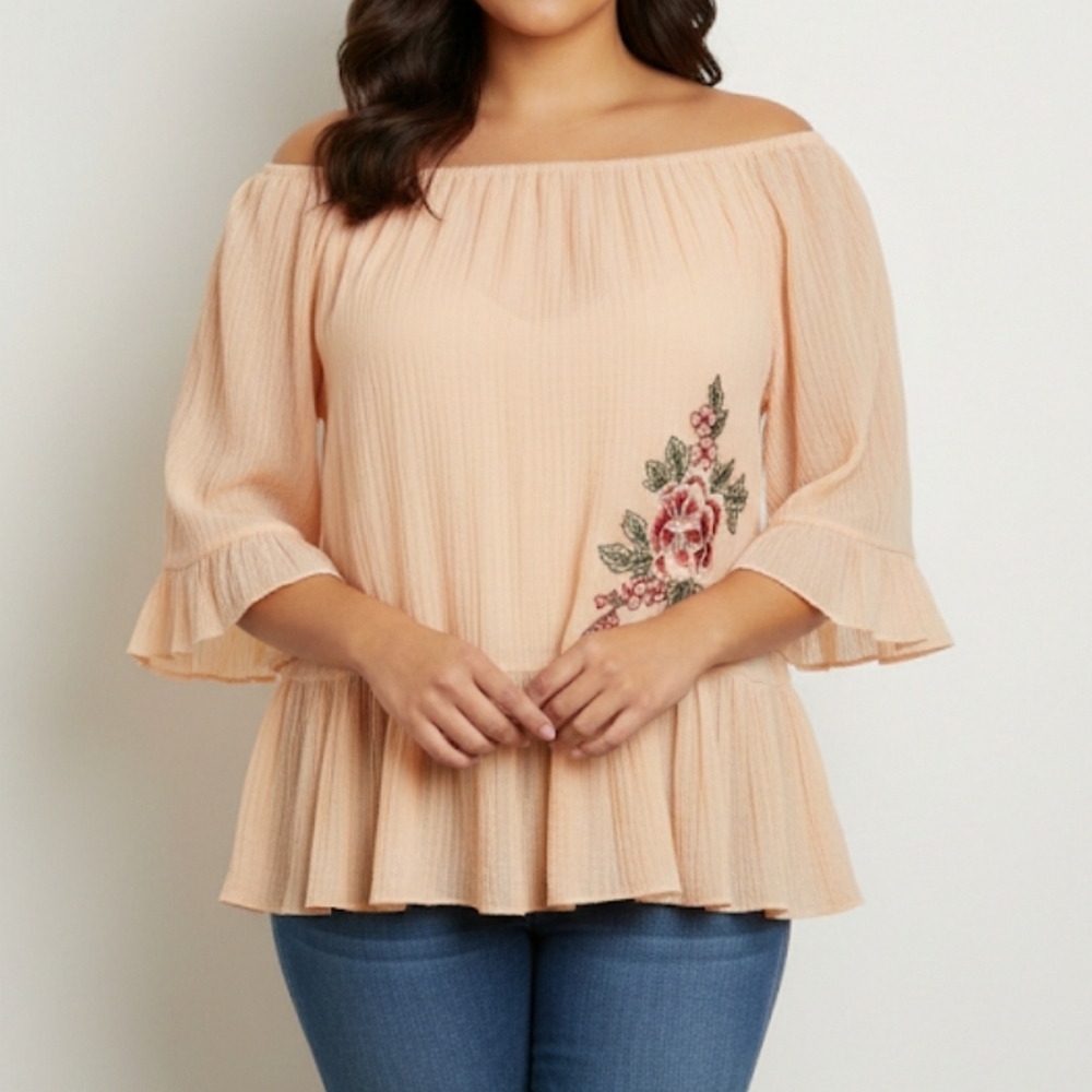 Emma Rose Off Shoulder Peach Tunic with Ruffle Bell Sleeves & Floral Applique LG